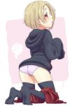  1girl black_legwear blonde_hair blush e_moegi hood idolmaster idolmaster_cinderella_girls long_sleeves panties piercing pink_panties red_eyes shirasaka_koume short_hair solo thighhighs underwear 