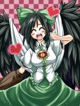  1girl ^_^ arm_cannon black_hair blush bow brown_hair cape closed_eyes hair_bow heart long_hair madara_hato open_mouth or reiuji_utsuho skirt smile solo third_eye touhou weapon wings 