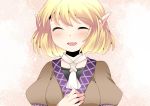  1girl blonde_hair blush bust closed_eyes hammer_(sunset_beach) hand_on_own_chest mizuhashi_parsee open_mouth pointy_ears shawl shirt short_hair smile solo touhou vest 