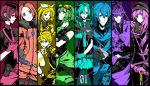  3boys 6+girls ahoge aqua_eyes aqua_hair belt blonde_hair bowl column_lineup earmuffs gloves goggles goggles_on_head green_eyes green_hair gumi hair_ornament hair_ribbon hairclip hat hatsune_miku highres kagamine_len kagamine_rin kaito kamui_gakupo koi_wa_sensou_(vocaloid) megaphone megurine_luka meiko multiple_boys multiple_girls navel necktie orange_eyes orange_hair pantyhose peaked_cap pink_hair purple_hair red_eyes redhead ribbon scarf sf-a2_miki short_hair skirt smile star suzuya_(appon65122) twintails violet_eyes vocaloid 