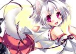  1girl animal_ears arm_ribbon bare_shoulders blush detached_sleeves fang hat hikanyan inubashiri_momiji long_sleeves looking_at_viewer midriff open_mouth red_eyes short_hair silver_hair smile solo sparkle tail tokin_hat touhou white_hair wide_sleeves wolf_ears wolf_tail 