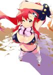    1girl arms_up artist_request bikini bikini_top boots breasts cleavage fingerless_gloves gloves hair_ornament long_hair looking_at_viewer perspective ponytail redhead scarf shiny shiny_skin shorts skull_hair_ornament smile solo swimsuit tengen_toppa_gurren_lagann thigh-highs wink yellow_eyes yoko_littner 