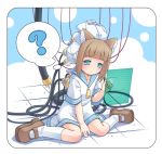  ? android animal_ears between_legs blue_eyes blush brown_hair cable computer dress hand_between_legs holographic_interface holographic_monitor mizuno_mumomo on_floor original personification sailor_collar screen shoes sitting socks thought_bubble wariza zipper 