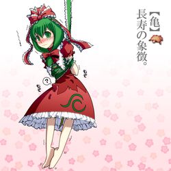  1girl arms_behind_back barefoot blush dress front_ponytail green_hair hair_ribbon kagiyama_hina long_hair ribbon solo t0kiwa tears tied_up touhou translation_request trembling wavy_mouth 