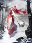  1girl barefoot basket blush dress forest long_hair nature red_eyes red_riding_hood snow tiptoes walking white_hair 
