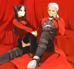  1boy 1girl archer black_hair blue_eyes fate/stay_night fate_(series) grey_eyes hair_ribbon long_hair ribbon sake_(kadai) thigh-highs tohsaka_rin toosaka_rin two_side_up white_hair 