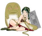  1boy 1girl \m/ animalization armlet bikini_top boots braid chain cherry_(urusei_yatsura) creature han_solo han_solo_(cosplay) head_rest jabba_the_hutt loincloth lum moroboshi_ataru open_mouth pointy_ears princess_leia_organa_solo princess_leia_organa_solo_(cosplay) simple_background single_braid slab smile star_wars uesuto_(westriver) urusei_yatsura white_background 