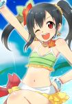  1girl ;d arm_up black_hair earrings flower hair_flower hair_ornament hand_on_hip jewelry long_hair love_live!_school_idol_project navel necklace open_mouth otoutogimi red_eyes smile solo star star_earrings swimsuit twintails wink yazawa_nico 