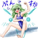  1girl angry breasts frog_hair_ornament green_eyes green_hair hair_ornament kochiya_sanae long_hair nanashii_(soregasisan) open_mouth school_swimsuit snake_hair_ornament solo swimsuit touhou 