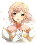  1girl ayamisiro blush coat estellise_sidos_heurassein gloves green_eyes highres petals pink_hair short_hair smile solo tales_of_(series) tales_of_vesperia white_background 