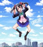  1girl \m/ black_hair blazer blush bow clouds fuugetsu_makoto hair_bow jumping long_hair looking_at_viewer love_live!_school_idol_project open_mouth red_eyes school_uniform skirt sky smile solo twintails yazawa_nico 