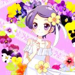  1girl artist_name bracelet dokidoki!_precure dress earrings floral_background flower hair_flower hair_ornament hair_ribbon hiyopuko jewelry kenzaki_makoto pink_background precure purple_hair ribbon short_hair smile solo violet_eyes white_dress 