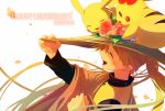  1girl adjusting_hat blonde_hair chuchu_(pokemon) closed_eyes dated flower happy_birthday hat hat_flower laughing long_hair open_mouth petals pikachu pokemon pokemon_(creature) pokemon_special ponytail profile sekka_koyori straw_hat yellow_(pokemon) 