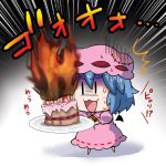  /\/\/\ 1girl :3 :d bat_wings blue_hair blush bow cake candle chibi detached_wings dress fire food hat hat_bow mini_wings minigirl noai_nioshi open_mouth plate remilia_scarlet ribbon smile solo touhou translated turn_pale wings |_| 