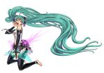  1girl anklet aqua_eyes aqua_hair barefoot bridal_gauntlets hatsune_miku highres jewelry kneeling legs long_hair miku_append necktie open_mouth simple_background solo thigh-highs toeless_socks toenail_polish tsuchan twintails very_long_hair vocaloid vocaloid_append 