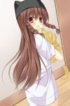  asa_no_ha banana blush braid brown_eyes brown_hair eating food fruit hat long_hair looking_back mouth_hold original pillow_hat tenihaba_nana twin_braids very_long_hair 