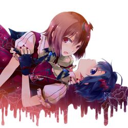  2girls black_hair blue_eyes blue_hair brown_hair fang fingerless_gloves gloves hagiwara_yukiho idolmaster kikuchi_makoto looking_at_viewer multiple_girls nail_polish open_mouth red_eyes rishi_(kurou) short_hair 