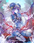  1girl anklet armlet barefoot barefoot_sandals bikini_top blue_hair blue_skin bracelet fins gem hair_ornament headdress jewelry long_hair looking_at_viewer monster_girl necklace original puffy_cheeks rock scales seiza sitting skirt tied_hair tmt toe_ring water 