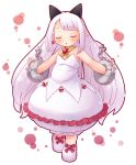  1girl bare_shoulders blush bubble_skirt cuffs dress horns long_hair mizuno_mumomo open_mouth outstretched_arms phantom_kingdom pointy_ears pram shoes simple_background sleeveless solo spread_arms strapless_dress very_long_hair white_background white_hair 