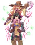  1boy 1girl ;d beryl_benito black_hair blonde_hair boots gloves goggles hat hisui_hearts ishiwari jacket long_hair open_mouth oversized_object paintbrush pants piggyback pink_legwear skirt smile tales_of_(series) tales_of_hearts thigh-highs white_background wink witch_hat yellow_eyes 