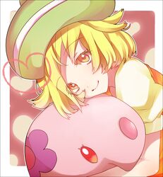  1girl bad_id bel_(pokemon) blonde_hair hat heart highres hug koko_(pixiv56390) munna pokemon pokemon_(game) pokemon_bw short_hair smile yellow_eyes 