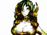  1girl breasts cleavage hair_over_one_eye horns large_breasts neon_trim simple_background solo white_background xpisigma 