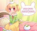  1girl bare_shoulders bed bedroom blonde_hair blush bow curtains english frills hair_bow long_sleeves looking_at_viewer mizuno_mumomo new_year object_on_head on_bed original pillow polka_dot red_eyes short_hair skirt smile snow_bunny solo speech_bubble twintails 