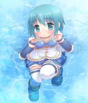  1girl blue blue_eyes blue_hair blush cape gloves looking_at_viewer magical_girl mahou_shoujo_madoka_magica miki_sayaka mizuno_mumomo short_hair sitting skirt solo thigh-highs water white_gloves white_legwear 