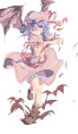  1girl arm_ribbon bat bat_wings blue_hair boots dress finger_to_mouth hat hat_ribbon kan_(tyonn) pink_dress puffy_sleeves red_eyes remilia_scarlet ribbon sash short_sleeves simple_background solo standing_on_one_leg touhou white_background wings wink 