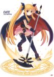  1girl bardiche belt blonde_hair blush buckle cape character_name fate_testarossa female gloves leotard long_hair lyrical_nanoha magic_circle mahou_shoujo_lyrical_nanoha npcpepper red_eyes ribbon scythe skirt smile solo thigh-highs twintails 