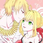  1boy 1girl ahoge auoyoi blonde_hair fate/extra fate/extra_ccc fate_(series) gilgamesh green_eyes hair_ribbon jewelry necklace open_mouth red_eyes ribbon saber_extra short_hair smile 