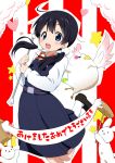  ahoge belt bird black_hair blue_eyes dera_mochimazzui dress food happy_new_year heart kitashirakawa_tamako kneehighs loafers long_hair mallet mochi muu_rian rabbit school_uniform shoes tamako_market translated twintails wagashi 