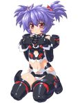  1girl altines bare_shoulders blush busou_shinki character_name dd_(ijigendd) doll_joints elbow_gloves gloves navel purple_hair red_eyes seiza short_twintails sitting smile solo thigh-highs twintails 