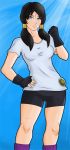  1girl black_hair clenched_hand dragon_ball dragon_ball_z fingerless_gloves gloves hair_ornament liberated-gus looking_at_viewer shorts t-shirt twintails videl 