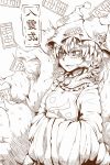  fang fox_tail hands_in_sleeves hat matsunome monochrome multiple_tails short_hair smile tabard tail talisman touhou translation_request yakumo_ran 
