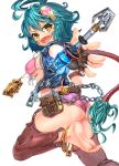  1girl anklet bag barefoot belt bikini blue_hair breasts chain chaps fang feet fingerless_gloves gd._fengzi gloves jewelry long_hair necklace ponytail satchel sideboob skull soles swimsuit tied_hair toes vest yellow_eyes 