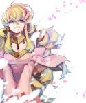  +_+ 1girl blonde_hair blue_eyes blurry breasts cleavage earrings jewelry long_hair looking_at_viewer nia_teppelin petals smile solo tears tengen_toppa_gurren_lagann white_background witchs27 