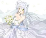  1girl ahoge animal_ears blush bouquet braid breasts cat_ears cat_tail cleavage dog_days dress elbow_gloves fang female flower gloves large_breasts leonmitchelli_galette_des_rois long_hair looking_at_viewer mobu_(nonoichi) open_mouth petals side_braid silver_hair simple_background single_braid smile solo tail wedding_dress white_background yellow_eyes 