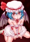  1girl bare_shoulders blue_hair dress flat_chest hat lips looking_up mami10 parted_lips red_eyes remilia_scarlet sitting slit_pupils solo touhou wariza wings 