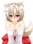  1girl ak-r animal_ears bare_shoulders breasts cleavage inubashiri_momiji looking_at_viewer red_eyes solo tail touhou wolf_ears wolf_tail 