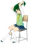  1girl adjusting_hair arms_up chair crossed_legs green_eyes green_hair mattaku_mosuke midorikawa_nao mouth_hold precure ribbon school_uniform shoes simple_background sitting sleeves_rolled_up smile_precure! socks solo sweater_vest uwabaki vest white_background yellow_ribbon 