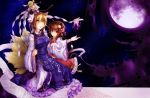  2girls :o animal_ears arm_grab bell bracelet cat_ears cat_tail chen fox_ears fox_mask fox_tail full_moon hair_ornament hat hat_with_ears jewelry long_sleeves looking_at_viewer mask mob_cap moon multiple_girls multiple_tails night night_sky ofuda open_hand red_eyes shide single_earring sky staff tabard tail touhou trigonometry wide_sleeves yakumo_ran yellow_eyes 