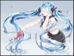  1girl blue_hair bottle_miku closed_eyes fish floating_hair hair_ribbon hatsune_miku letterboxed liquid_hair long_hair moegi0926 ribbon school_uniform serafuku skirt smile solo twintails very_long_hair vocaloid water 