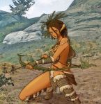  1girl ankle_wraps arrow blue_eyes bow_(weapon) breasts brown_hair dark_skin facial_tattoo horns jewelry kei_roku loincloth necklace one_knee ringlets sideboob solo tattoo the_elder_scrolls the_elder_scrolls_v:_skyrim weapon wrist_wraps 