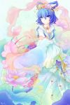  1girl alternate_costume blue_eyes blue_hair breasts chinese_clothes cleavage dress flower hacko hair_ornament hair_rings hair_stick hanfu jewelry kaku_seiga necklace shawl short_hair smile solo touhou 