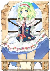  1girl alice_margatroid alternate_costume alternate_hair_color ashuho blue_eyes blue_sky clouds dress flower gradient_hair headband long_sleeves looking_at_viewer multicolored_hair poland railing ribbon ruins skirt skirt_lift sky solo touhou vest 