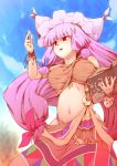  1girl alternate_costume book bracelet breasts crescent from_below futatsuki_hisame hair_ribbon hat jewelry long_hair midriff navel patchouli_knowledge purple_hair red_eyes ribbon skirt solo touhou 