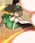  1girl arm_cannon bow brown_hair cape danmaku hair_bow kurotama_(avino) long_hair mismatched_footwear red_eyes reiuji_utsuho skirt solo third_eye touhou weapon wings 