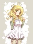  1girl alternate_hairstyle blonde_hair blush casual hair_ornament hair_twirling long_hair mahou_shoujo_madoka_magica sakuraebi_chima smile solo tomoe_mami yellow_eyes 