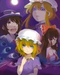  4girls blonde_hair bow brown_hair eyes full_moon hair_bow hair_tubes hair_up hakurei_reimu hat maribel_hearn moon multiple_girls pompa profile short_hair tears touhou usami_renko yakumo_yukari 